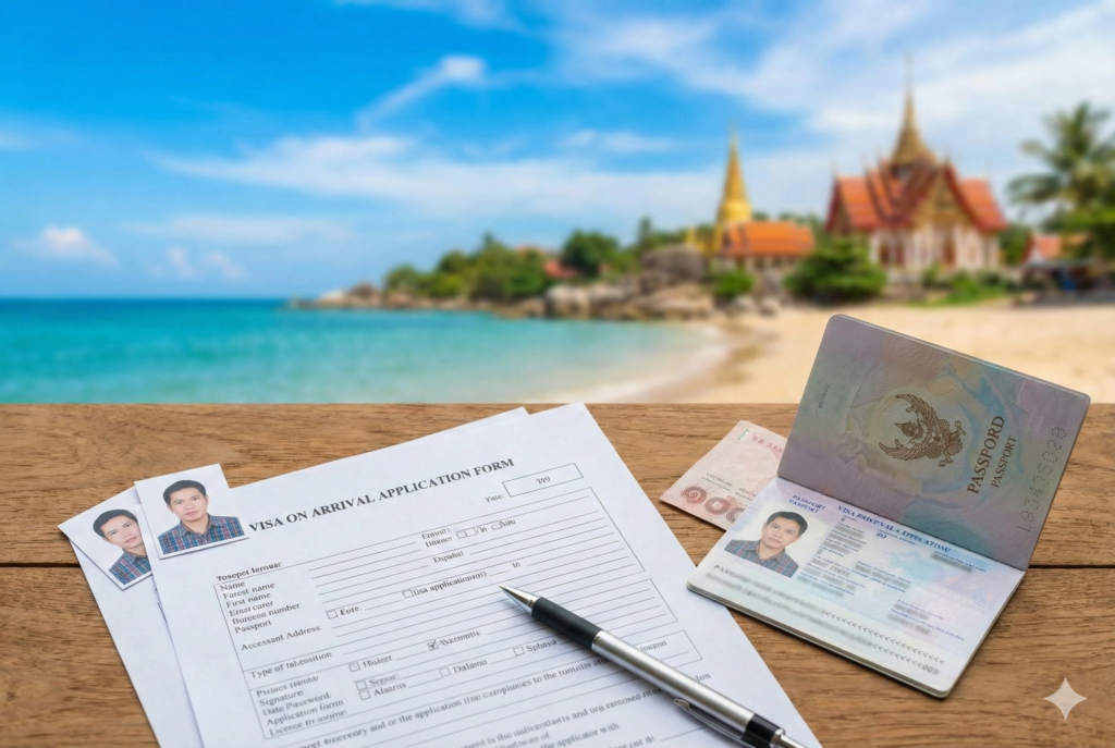 ourist filling out Thailand Visa on Arrival form at Bangkok Suvarnabhumi Airport.